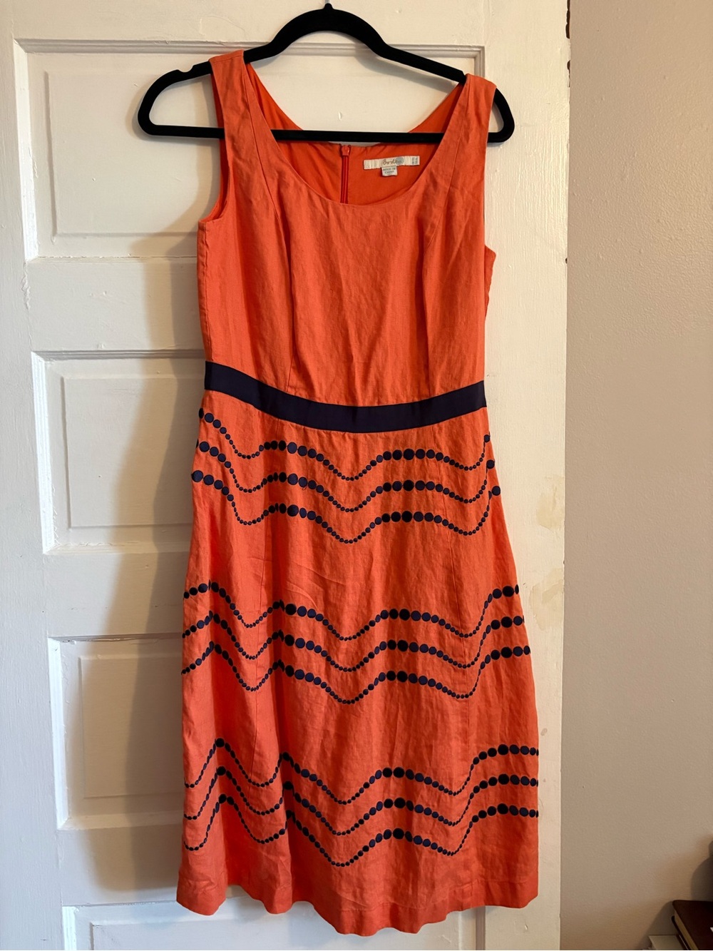 Boden Coral Orange Midi Dress with Navy Wave Dot Trim
